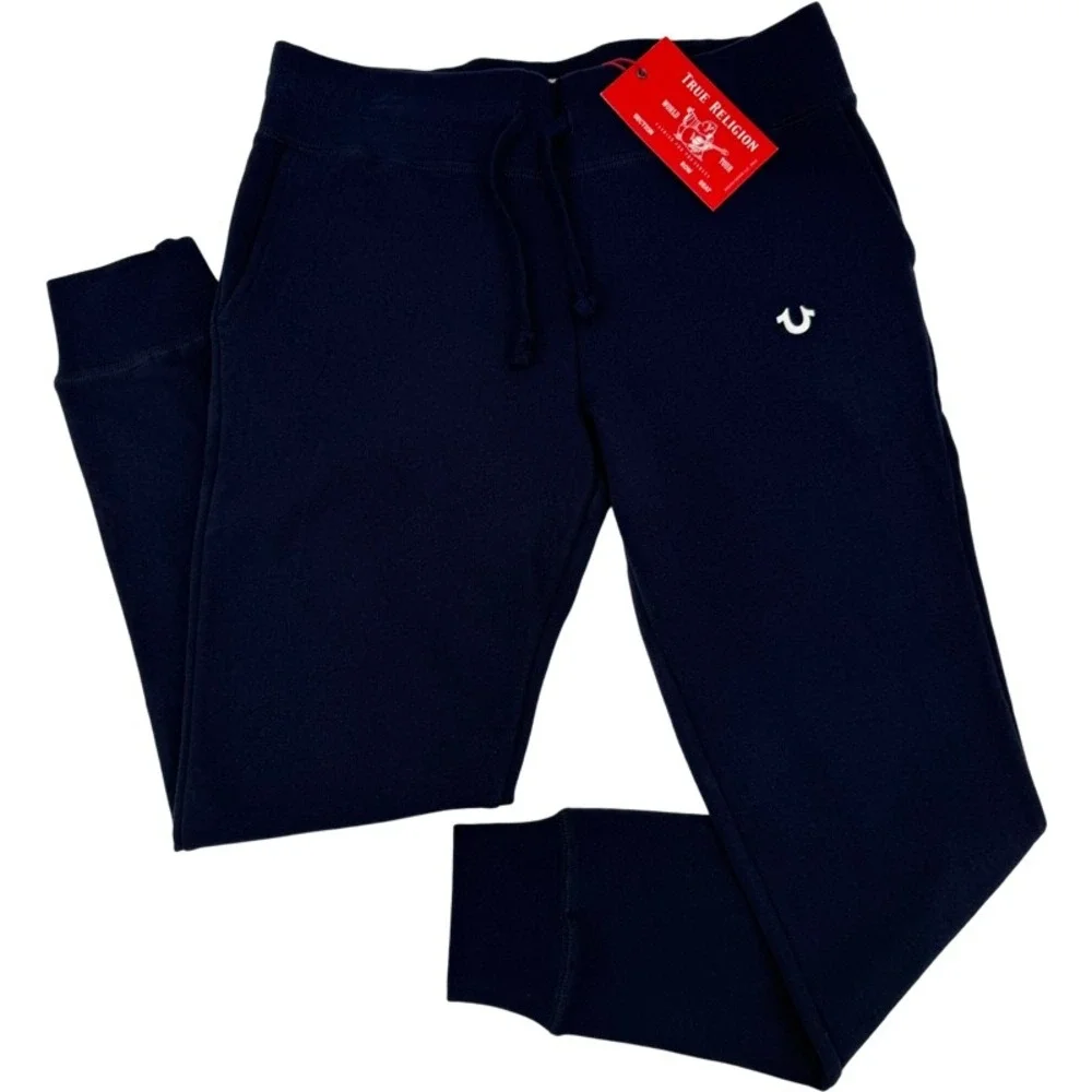 TRUE RELIGION NEW Medium Joggers Navy Blue Horseshoe Logo Fleece Sweatpants M